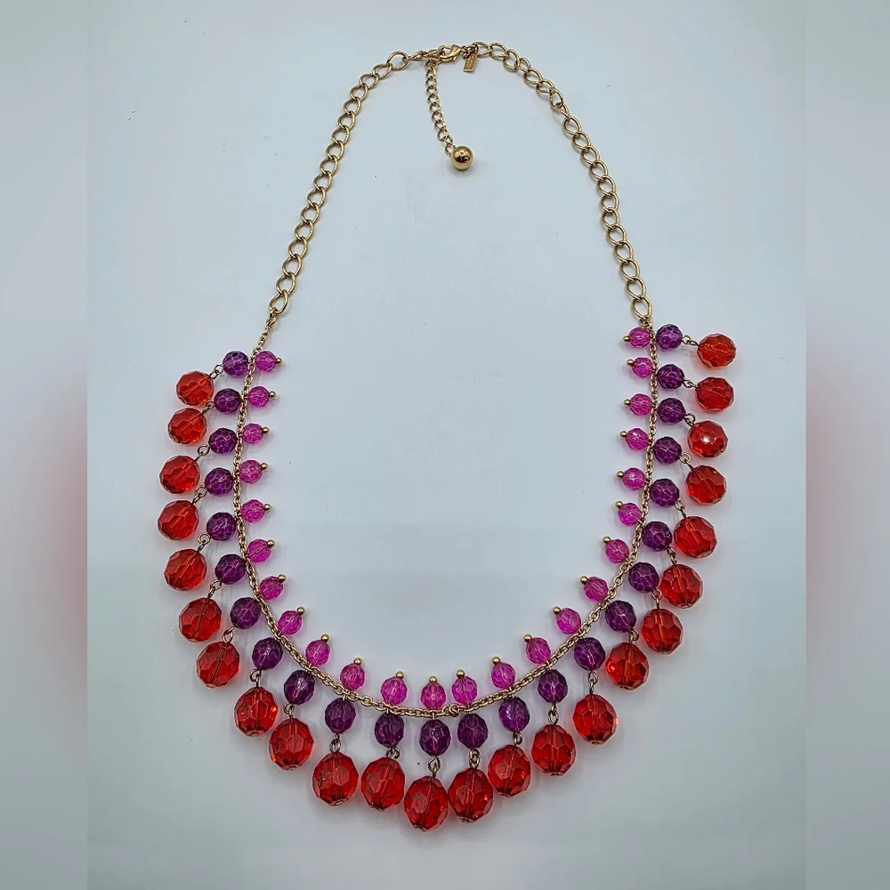 Kate ♠️ of New York Elegant Red and Purpke Beaded Necklace with Gold Chain